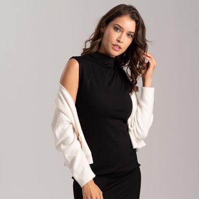 Cardigan donna corto in filato di viscosa e taschine applicate